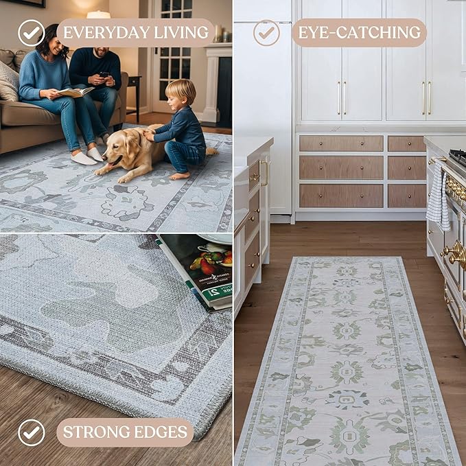 Fame Living Cream Beige Oushak Rug, Modern, Vintage, Turkish, Eclectic, Floral, Pastel, Washable, Area Rugs for Living Room, Dining, Bedroom, Nursery, Girls, Boys, 5'9"x8'9"