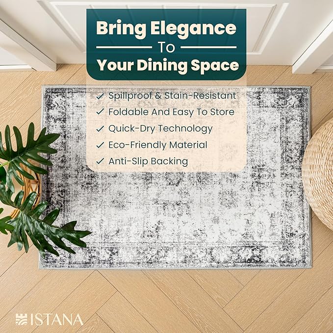 Istana Area Rug 2x4 - Grey & White Cream 2x4 Washable Rug Non Slip - Pet Friendly Living Room Rug - Non Shedding Washable Rugs for Bedroom - Foldable Bathroom Rugs