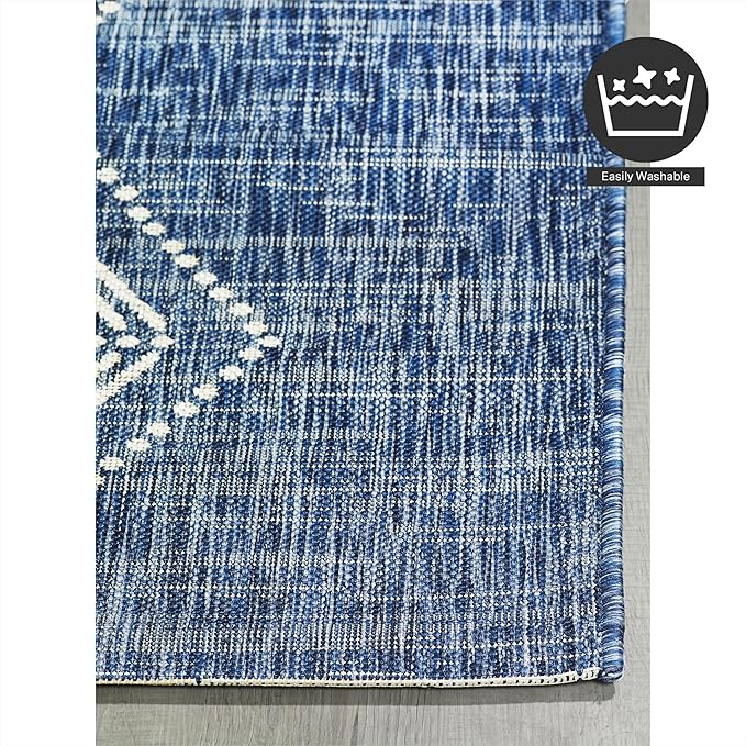 FH Home Outdoor Area Rug - Waterproof Easy to Clean Stain Resistant - Patio Indoor Outdoor Porch Deck Balcony Entryway - Boho Moroccan - Ariana - Blue - 7ft 10in x 10ft 9in