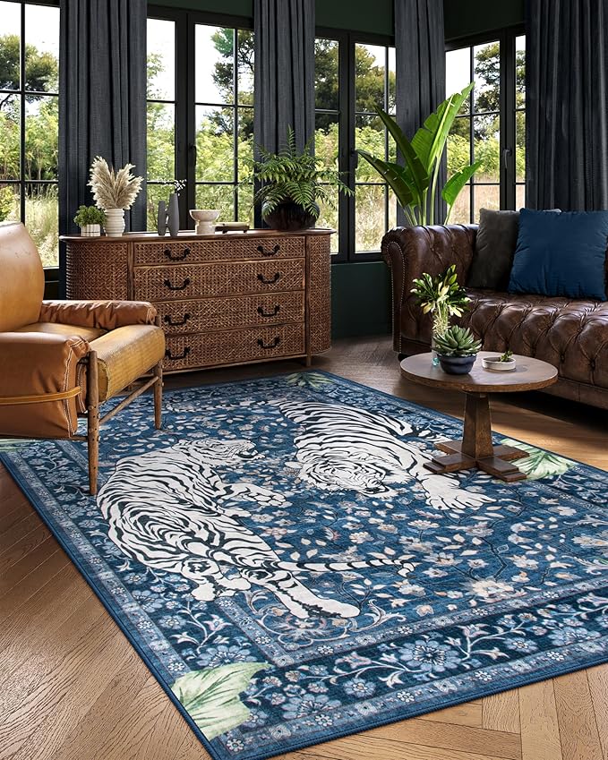 Moynesa Tiger Washable Area Rugs for Living Room, 5x7 Vintage Soft Rug for Bedroom, Non Slip Boho Botanical Ultra Thin Large Stain Resistant Throw Rug for Dining Guest Room, Blue