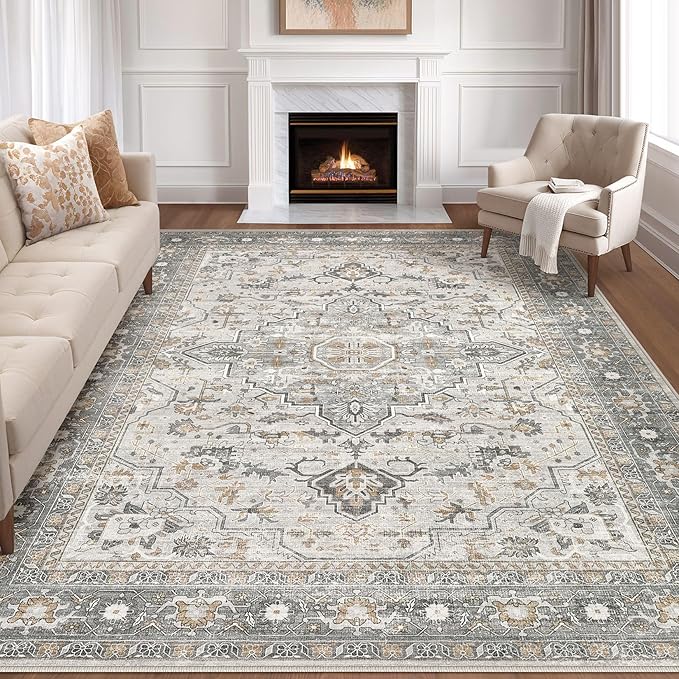 9x12 Area Rug Living Room: Washable Boho Large Neutral Vintage Soft Rugs Stain Resistant Distressed Farmhouse Non-Slip Indoor Floor Carpet for Bedroom Nursery Kids Office Dining Room- Taupe