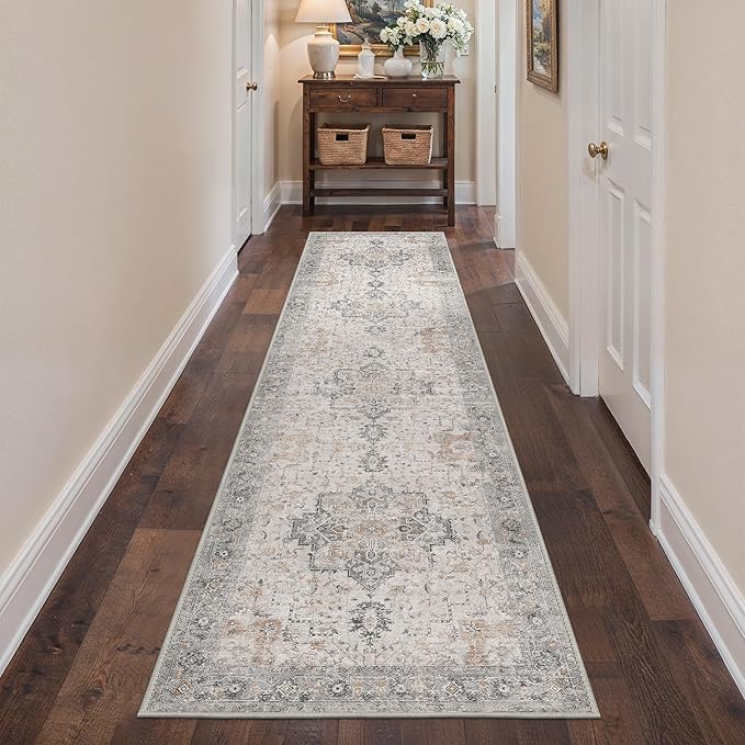 Runner Rug 2'6''x10, Non Slip Vintage Hallway Runner Rugs, Low Pile Lightweight Machine Washable Mat for Hallway, Entryway, Bedroom, Kitchen and Corridor, Light Taupe Brown