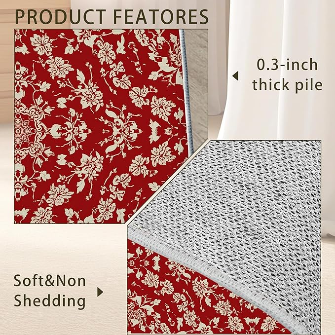Red Flower Carpet for Living Room, 5x7 Non-Slip Washable Low Pile Abstract Design Rug, Space Saving Area Rug for Bedroom, Dining Room