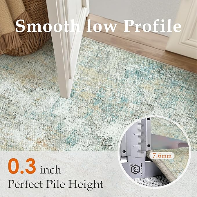 10x12 Area Rug Teal Beige Abstract Living Room Bedroom Washable Carpet Neutral Modern Non-Slip Soft Low Pile Lightweight Vacuumable Large Throw Rug for Dining Room