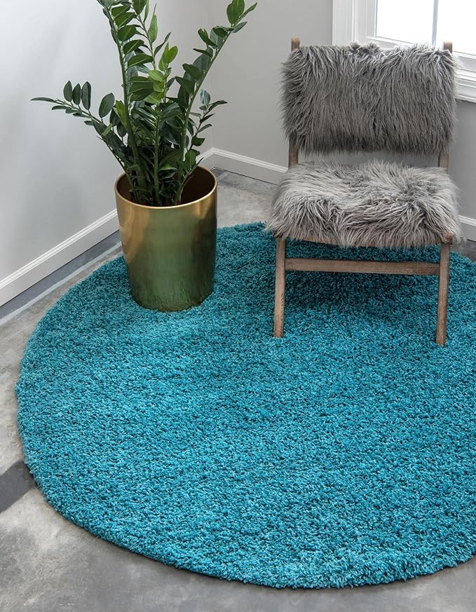 Unique Loom Solid Shag Collection Area Rug (5' 3" Round, Deep Aqua Blue)