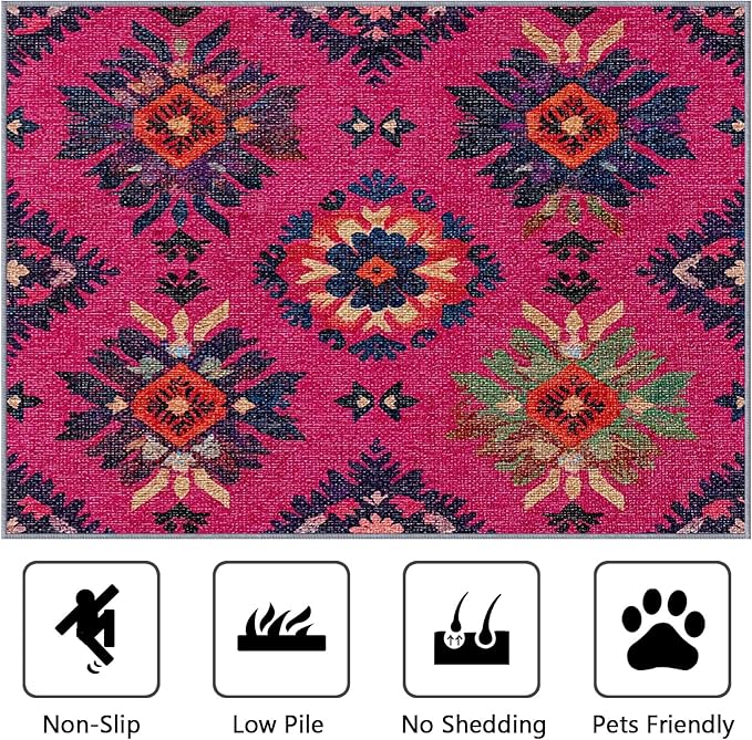 Southwestern Washable Rugs - 5x8ft - Ethnic Vintage Floral Medallion Rugs for Living Room Non Slip Low Pile Area Rug for Bedroom, Southwestern Carpets Room Decor & Gifts