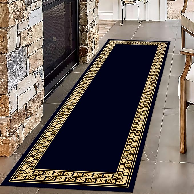 Modern Geometric Meandering Throw Carpet Runner for Entrance, 2x6ft, Orange Geometric Design Carpets for Entryway, Navy Blue Background Cozy Foldable Dirty Resistant Rug for Sofa Office