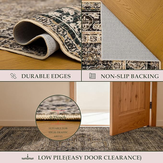 Washable 6x9 Area Rug for Living Room, Carpet for Bedroom Dining Room, Non Slip&Non-Shedding Resistant Low Pile Vintage Print Rug for Home Office (Brown1)