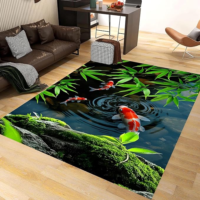 Pond Koi Fish Living Room Rug, 5x6ft, Summer Greenery Moss Stream Indoor Decor Carpet, with Non-Slip Backing Absorbent Thin Mat, Soft Easy Clean Washable Rugs for Office Entryway