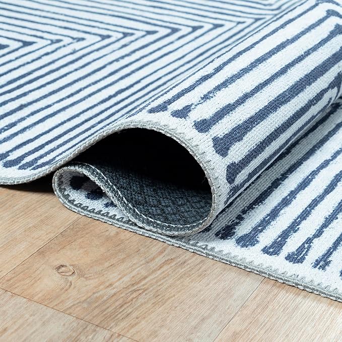 Bloom Rugs Washable Non-Slip 2' x 3' Rug - Blue/Ivory Striped Area Rug for Living Room, Bedroom, Dining Room, and Kitchen - Exact Size: 2' x 3'