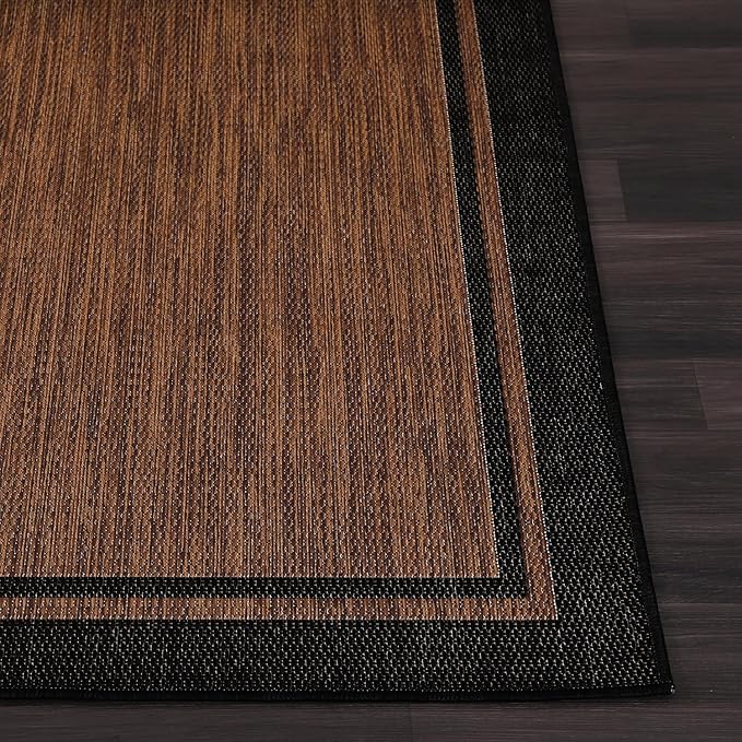 CAMILSON Indoor Outdoor Rug, 8x10 Bordered Nut Brown Black Modern Area Rugs for Indoor and Outdoor Patios, Kitchen and Hallway Mats, Washable Porch Deck Outside Carpet (Bordered Nut Brown, 8 x 10)