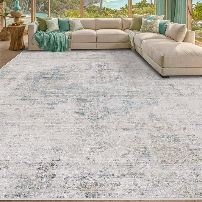 Modern Living Room Rug - 10x12 Large Area Rug for Dining Room Table, Classroom, Slate Blue Grey, Lightweight, Soft & Foldable