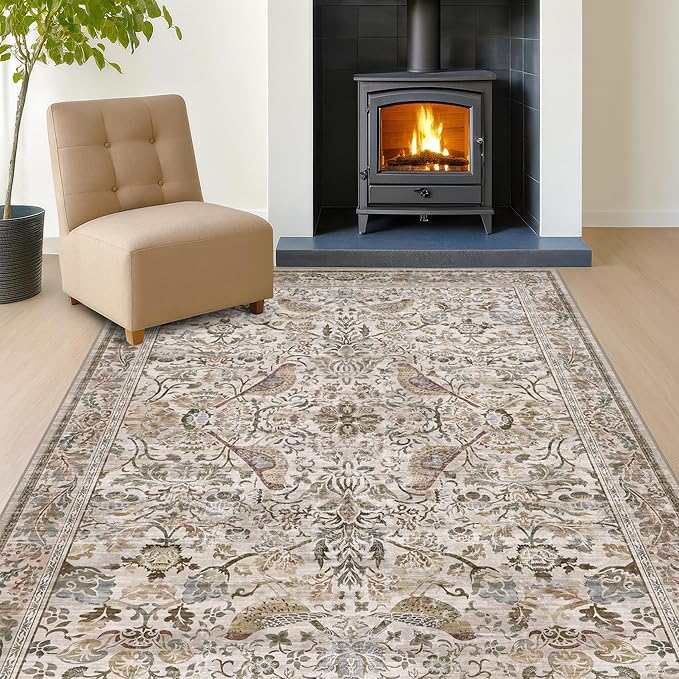 Moss 5x7 Living Room Area Rug, Vintage Washable Rug for Bedroom, Kitchen Table, Home Office, Oriental Brown Botanical Design, Low Pile Soft Carpet with Bird Pattern