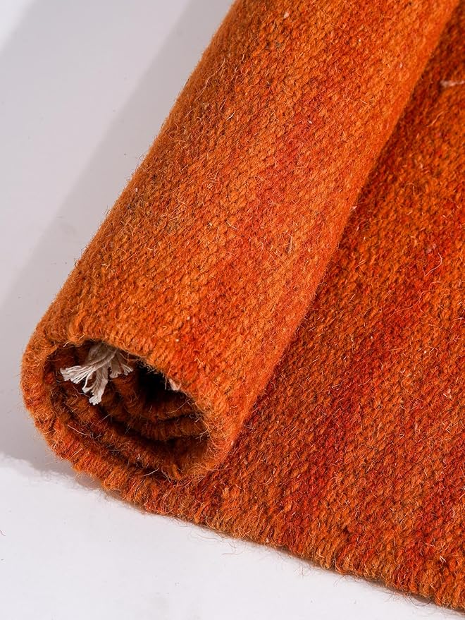 Rugsotic Carpets Hand Woven Flat Weave Kilim Wool 4'x6' Area Rug Solid Dark Orange D00111