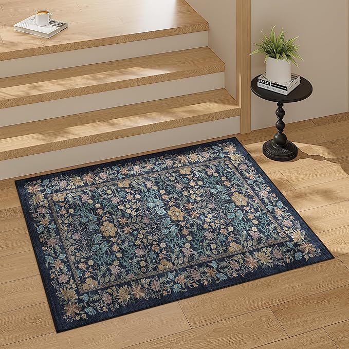 DUKINO 2x3 Entryway Rug, Floral Washable Area Rug with Non Slip Indoor Door Mat, Vintage Low Pile Small Front Door Throw Carpet for Kitchen, Entrance, Bathroom, Bedroom, Dark Blue