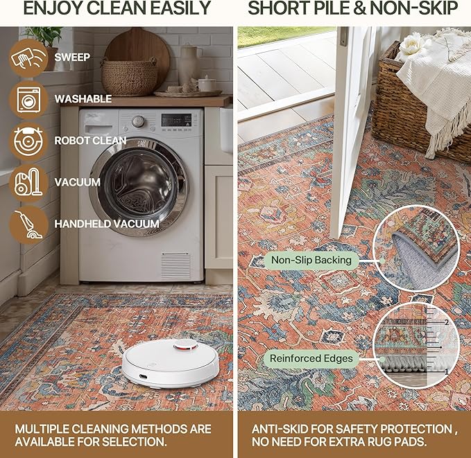 Bavni Area Rug 3x5, Non-Slip Washable Rugs for Living Room Office, Boho Distressed Printed Rug, Low Pile Foldable Decorative Carpet for Bedroom Kitchen Office, Terracotta/Blue