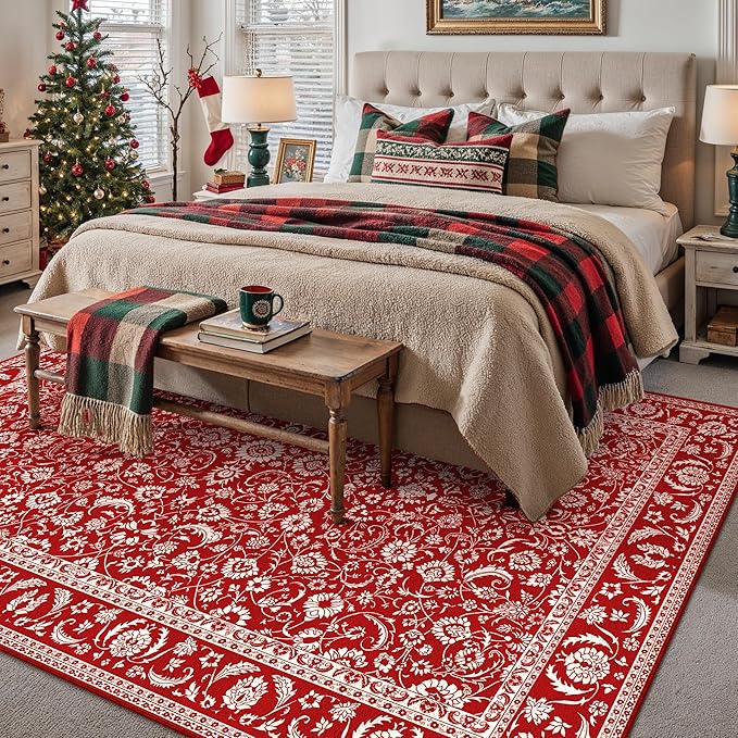 HUGEAR Christmas 5x7 Machine Washable Rugs Red Hallway Area Rug Indoor Accent Rug Floral Low Pile Carpet Soft Throw Aesthetic Rug Bedroom Living Room Office Dining Room Kitchen Laundry Room Non Slip