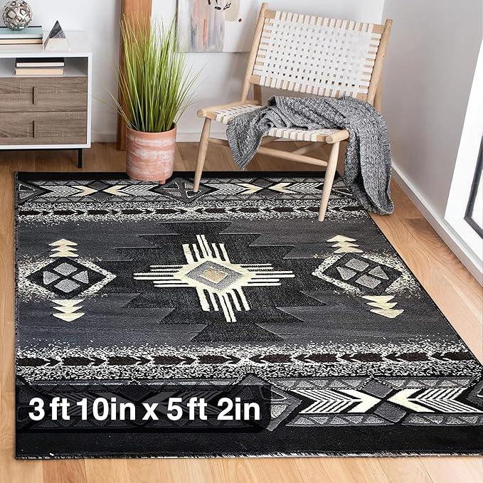 YHSF South West Native American Area Rug C318 - Easy Clean, Thick, Soft, Durable Native Tribal American Indian Inspired Rug for Bedroom/Living Room and More - Grey, 3 Feet 10 Inches x 5 Feet 2 Inches