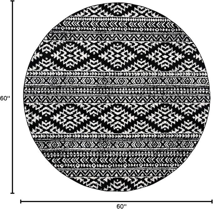 SAFAVIEH Tulum Collection Area Rug - 5' Round, Black & Ivory, Moroccan Boho Tribal Design, Non-Shedding & Easy to Clean, Ideal for Living Room, Bedroom, Dining Space (TUL272Z)