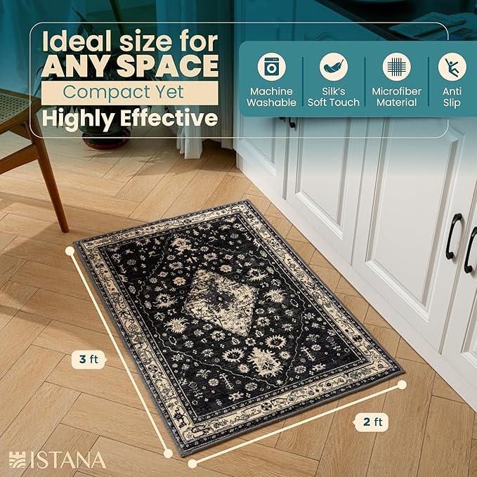 Istana 2x3 Area Rug - Black Boho Rugs for Living Room 2x3 - Foldable Small Rugs for Bedroom - Stain Resistant Washable Rug Non Slip - Eco-Friendly Area Rugs Indoor
