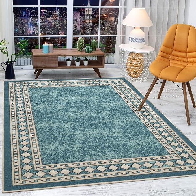 Antep Rugs Alfombras Modern Bordered 3x5 Non-Skid (Non-Slip) Low Profile Pile Rubber Backing Indoor Area Rugs (Blue, 3' x 5')