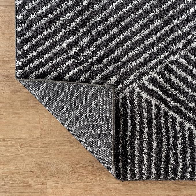 Rugshop Geometric Diamond Stripe Shag Area Rug Anthracite Dark Gray 4' x 6' Ideal for Small Living Rooms, Offices, or Beside The Bed