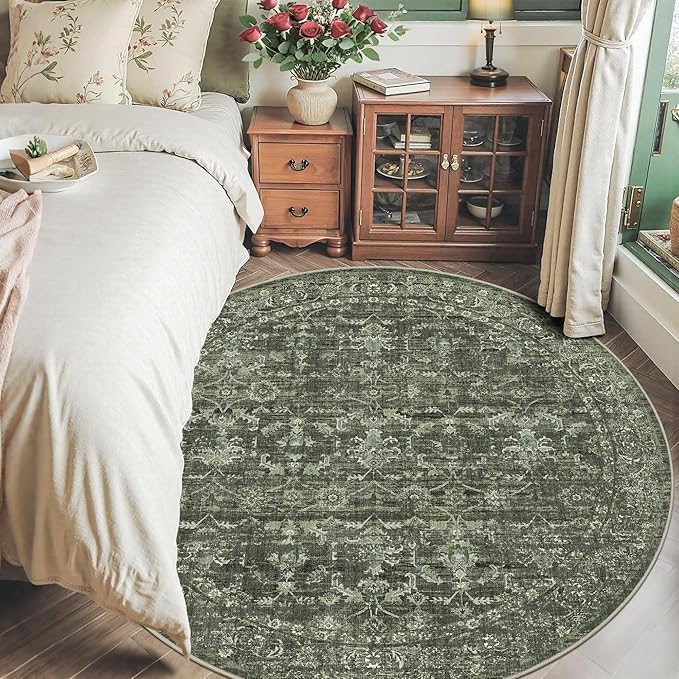 6ft Round Washable Area Rugs for Living Room, Vintage Boho Large Rug for Bedroom Dining Room Office, Distressed Floral Print Carpet for Under Table, Soft Non Slip Low Pile Throw Indoor Mat, Green