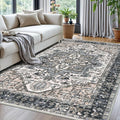 KOZYFLY Boho Area Rug 5x7 Ft Thin Washable Rugs for Living Room Faux Wool Throw Carpet Printed Non Slip Rug for Entryway Bedroom Dining Room Living Space, Black/Taupe/Beige