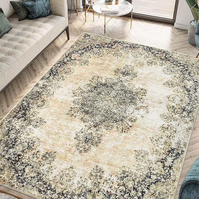 Keen Home Design 8x10 Rug - Machine Washable Area Rug with Non-Slip Backing, Ideal for Living Room, Dining Room, Bedroom - Vintage, Easy Clean, Durable, Low Pile - (8' x 10')