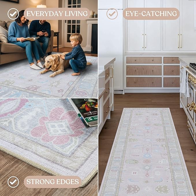 Fame Living Pink Oushak Runner Rug, Modern Runners, Turkish, Eclectic, Floral, Pastel, Washable, Small Throw Rugs, Short Runner for Hallway, Entryway, Laundry, Foyer, Kitchen, Bathroom, 2'5"x6'5"
