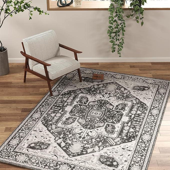EnHomee 4x6 Washable Area Rugs for Bedroom, Boho Vintage Rugs, Foldable Area Rug for Dining Room, Non-Slip Soft Living Room Rug, Low Pile Large Carpet for Bathroom, Grey