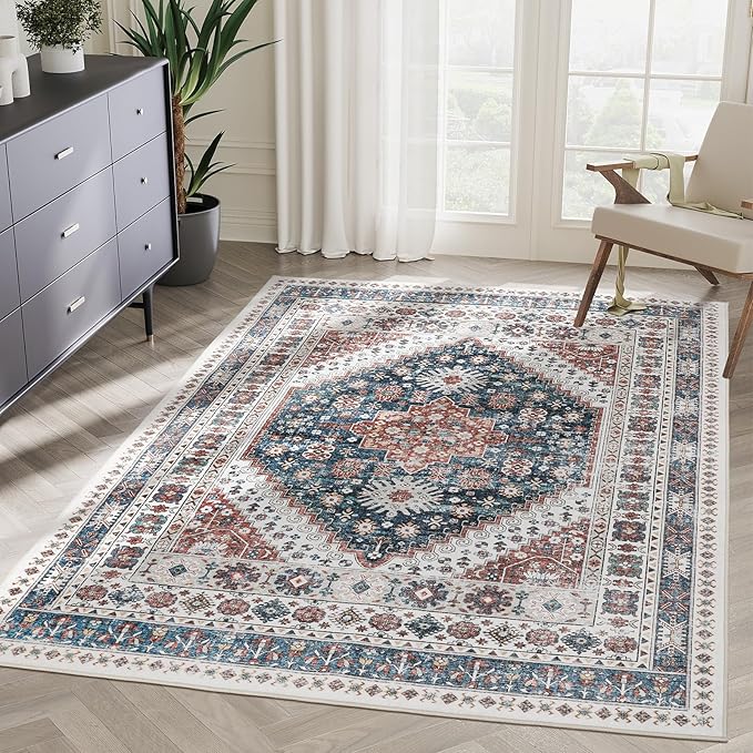 zesthome 5x7 Area Rugs - Ultra-Thin Washble Rug, Stain Resistant Anti Slip Backing Rugs for Living Room,Bedroom, Vintage Home Decor Area Rug (Navy Blue/Red,5'x7')