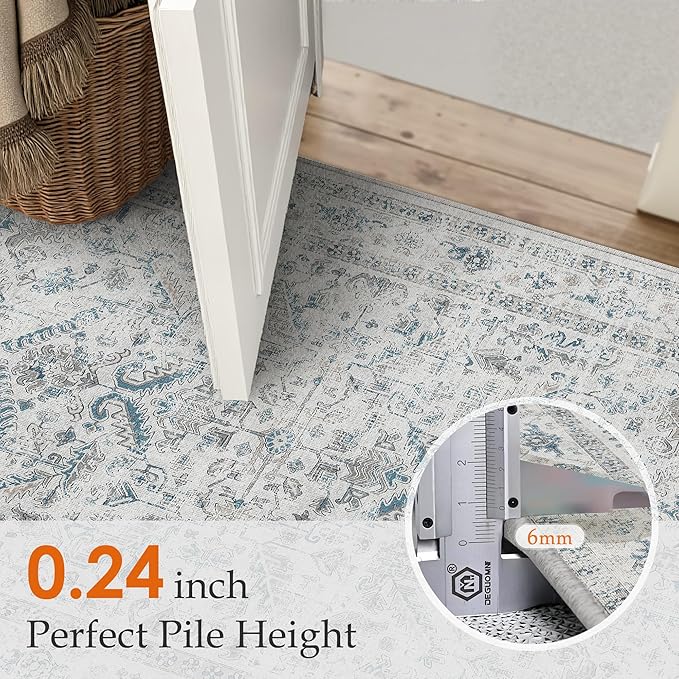 Blue 4x6 Entryway Rug Vintage Area Carpet Indoor Office Washable Door Mat Entrance Small Low Pile Traditional Distressed Retro Accent Throw Rug Non Slip Kitchen Bathroom