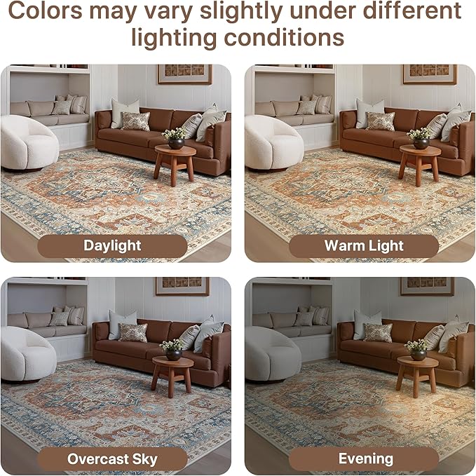GENIMO 5X7 Area Rugs for Living Room, Machine Washable Vintage Floor Cover Foldable Modern Non Slip Rug, Low Pile Soft Indoor Carpet Floral Print Mat Rug,Bedroom/Dining Room/Home Office,Terracotta