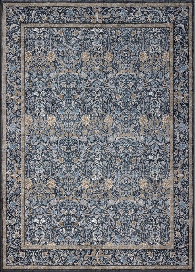 Washable Living Room Rug: 5x7 Boho Floral Soft Area Rug for Bedroom Decor - Vintage Low Pile Thin Carpet for Dining Room Non-Slip - Farmhouse Stain Resistant Rugs - Slate Blue