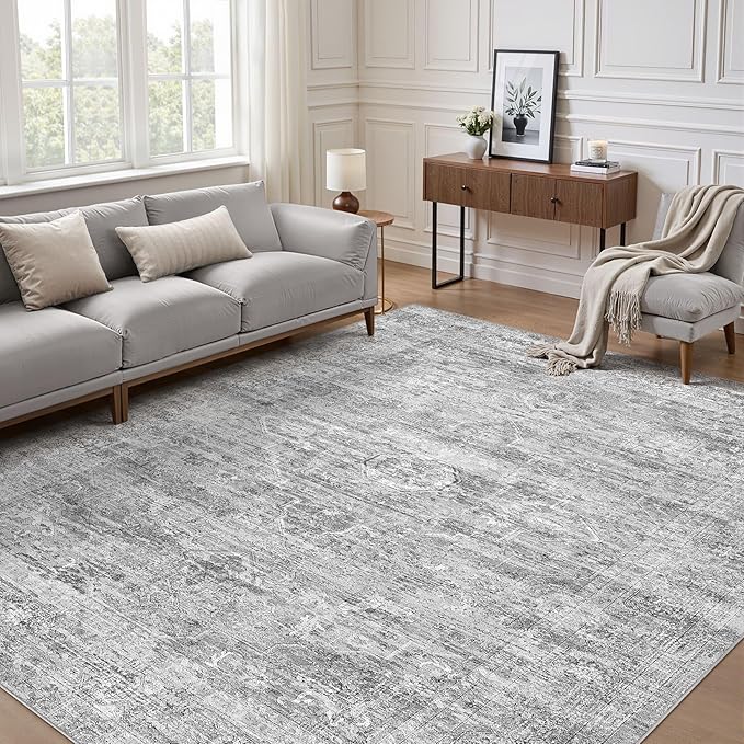 Grey Rug 8x10 Area Rugs: Washable Boho Large Vintage Neutral Soft Rug Stain Resistant Farmhouse Non-Slip Indoor Floor Carpet for Living Room Bedroom Playroom Office Dining Room Apartment Dorm