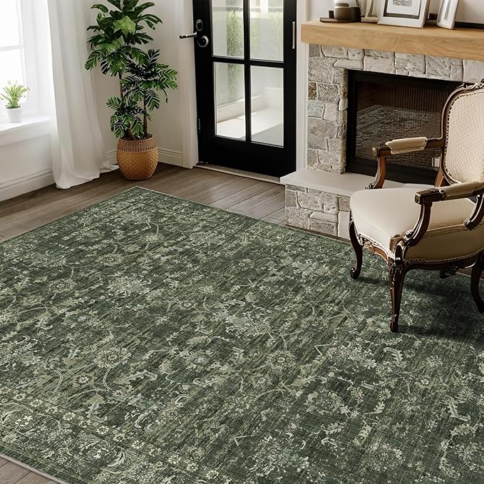 Washable Area Rug 4x6 Green Rugs for Living Room, Vintage Boho Large Rug for Bedroom Dining Room Office, Distressed Floral Print Carpet for Under Table, Soft Non Slip Low Pile Throw Carpet Indoor Mat
