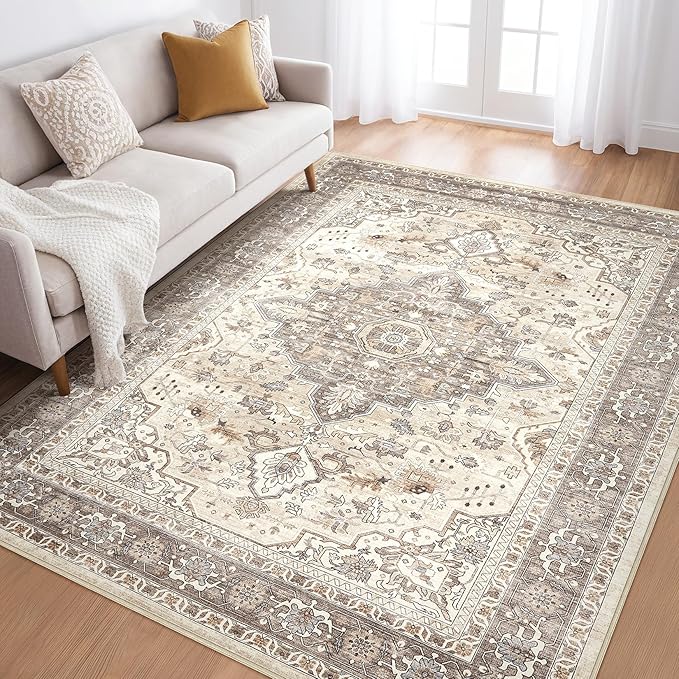 6x8 Area Rug Living Room: Washable Boho Large Neutral Vintage Soft Rugs Stain Resistant Farmhouse Non-Slip Indoor Floor Carpet for Bedroom Nursery Kids Playroom Office Dining Room- Beige Brown