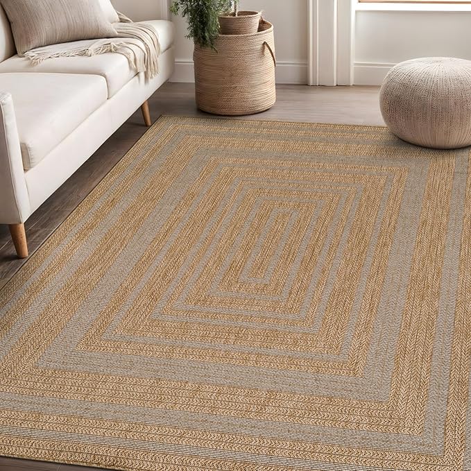 Beverly Rug Easy Jute Framed Border Rug 9x12 Washable Large Indoor Outdoor Area Rugs for Living Dining Room Patio Office Stain Resistant Non Shedding Casual Indoor Outside Carpet 9 x 12 Natural