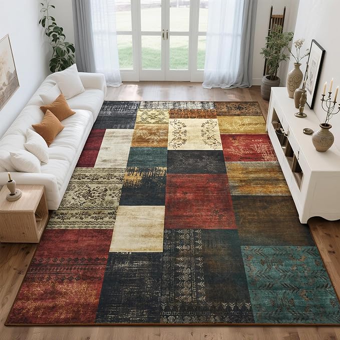 Tepook Modern Area Rug for Living Room, 4x6 Geometric Large Rugs for Bedroom, Washable Patchwork Rug Indoor Non-Slip Throw Carpets for Dining Room Office Farmhouse Home Decor, Multi