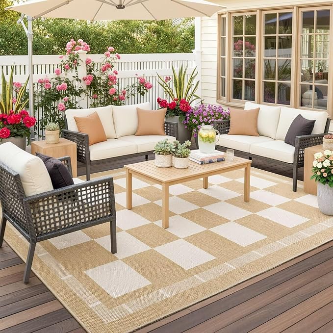 Vasofe Checkered Jute 5x7 Area Rugs, Washable Outdoor Patio Rug for Living Room Bedroom Indoor Carpet, Non Slip Modern Farmhouse Neutral Geometric Rugs Office Porch Dining Room Mat, Khaki and White