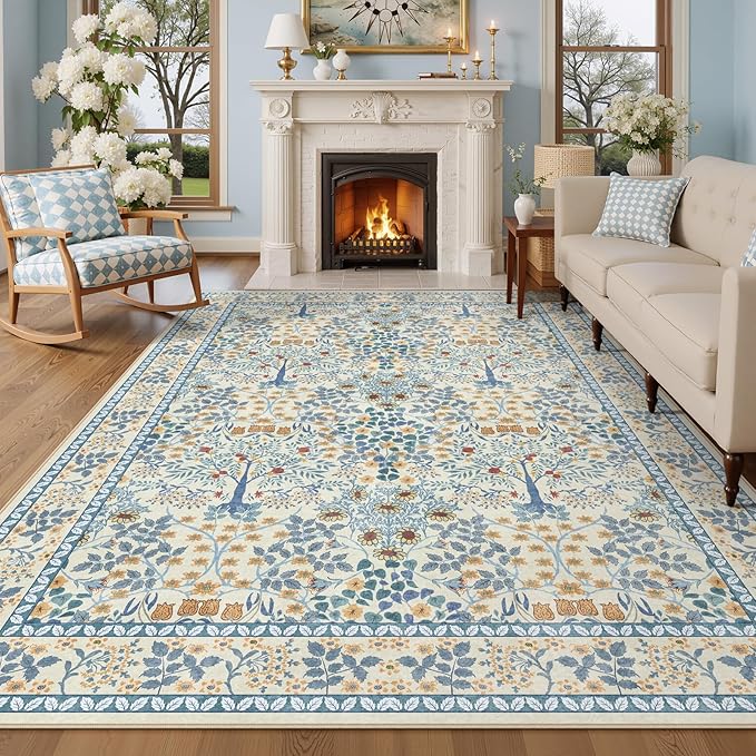 8x10 Area Rugs Living Room Rug - Floral Vintage Forest Washable Carpet, Low Pile Non-Slip Stain Resistance Boho Soft Large Carpet for Bedroom, Dining Room, Office, Farmhouse (8'x10' Blue/Orange)