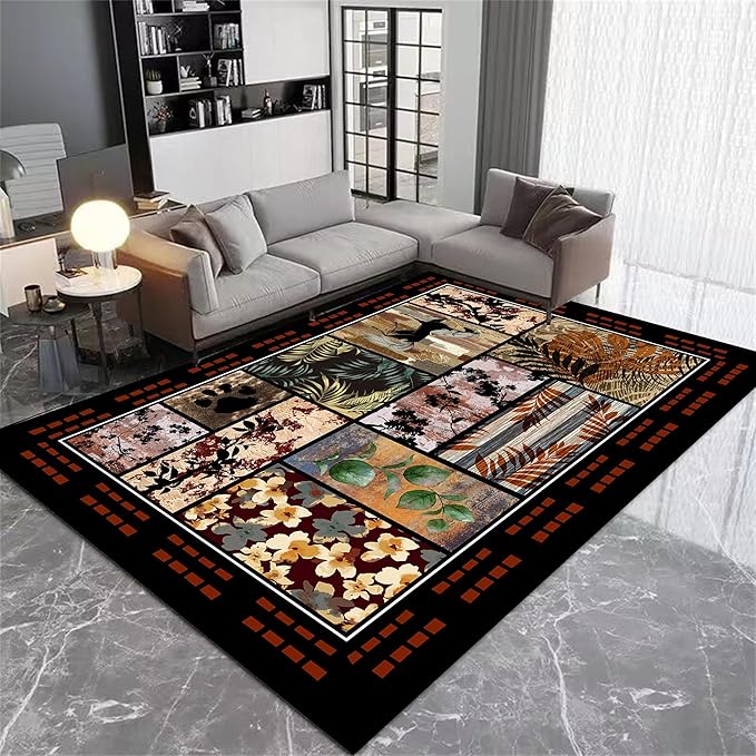 Rustic Cabin Area Rug 5x6ft, Animal & Moroccan Plaid Pattern Vintage Boho Carpet, Stain-Resistant Pet-Friendly & Non-Slip Low Pile for Living Room, Bedroom, Dining Room