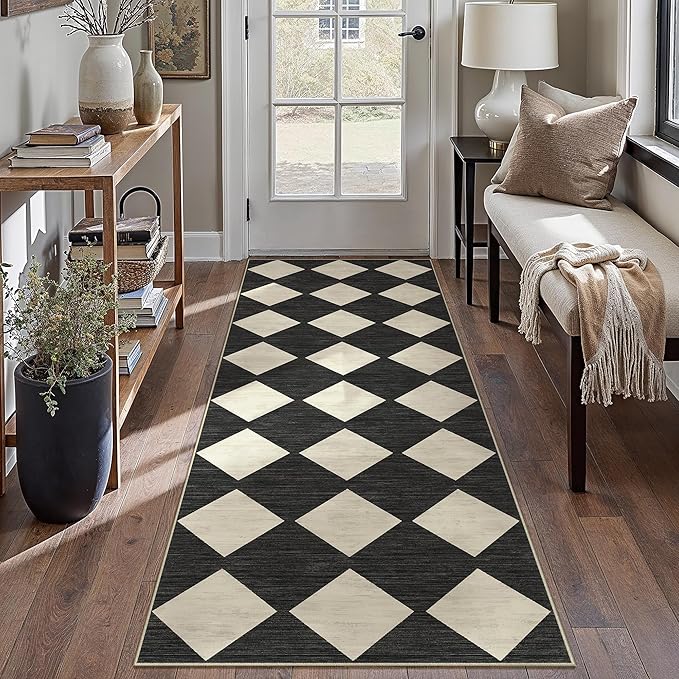 3x8 Runner Checkered Rug for Hallways Black Washable Long Carpet Non-Slip Low Pile Boho Indoor Accent Throw Rug for Entrance Kitchen Bedroom Dining Laundry