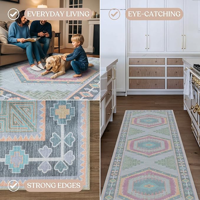 Fame Living Washable Area Rug. Modern Farmhouse. Vintage. Turkish. Bohemian. Distressed. Oriental. Traditional. Rugs for Living Room. Dining. Bedroom. Office. Entryway. Foyer. (856GP, 9'5" x 14')