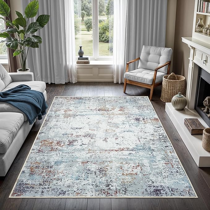 GLN Rugs Contemporary Collection - Machine Washable Area Rug, Contemporary Washable, Non Slip, Low Pile Chenille Rug, Living Room, Bedroom, Kitchen Rug (3' x 5' White/Grey/Blue/Brown)