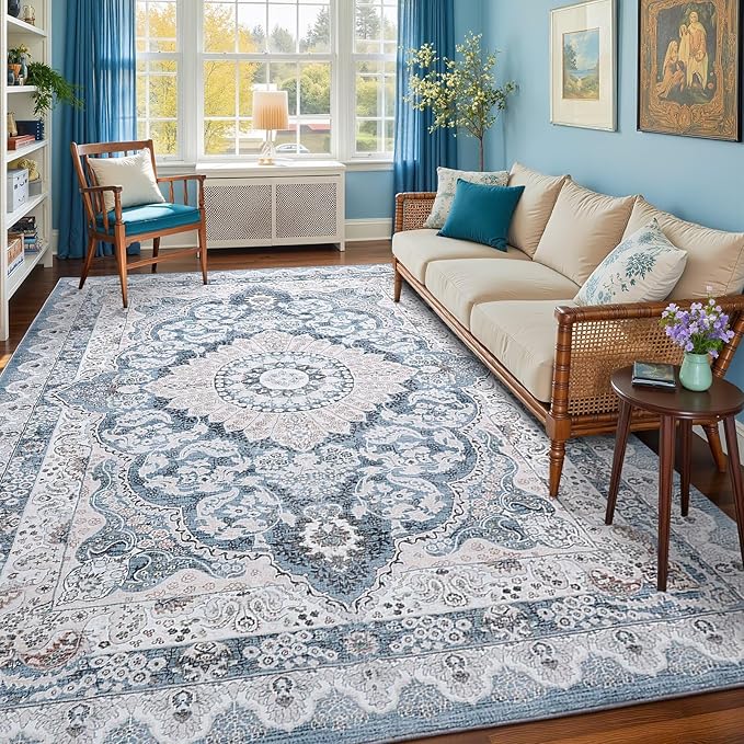 5x7 Area Rug for Bedroom, Machine Washable Rugs with Non-Slip Backing for Living Room, Soft Vintage Carpet Kitchen Laundry Kids Room Decor, Blue & Beige