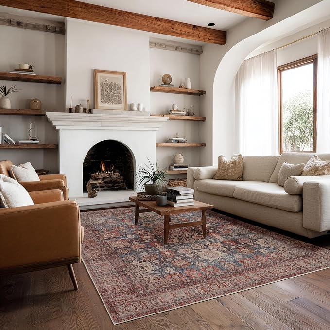 Kuden 4x6 Area Rug, Machine Washable Area Rug with Non-Slip Backing, Vintage Style, Soft, Easy Clean, Low Pile Rug for Living Room, Bedroom, Dining Room