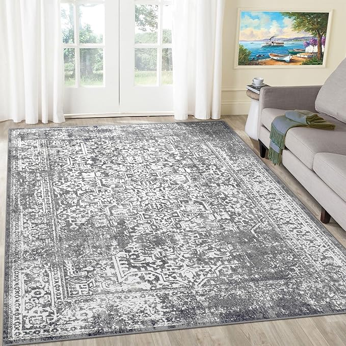 vivorug 8x10 Area Rugs, Stain Resistant Washable Rug for Living Room, Vintage-Inspired Grey Rug