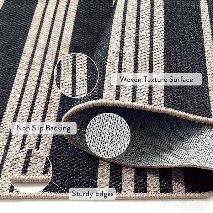 Lahome Striped 8x10 Easy Jute Rug, Washable Rugs for Living Room Dining Room Farmhouse Indoor Outdoor Carpet, Neutral Non Slip Non Shedding Black Carpet for Office Backyard Patio